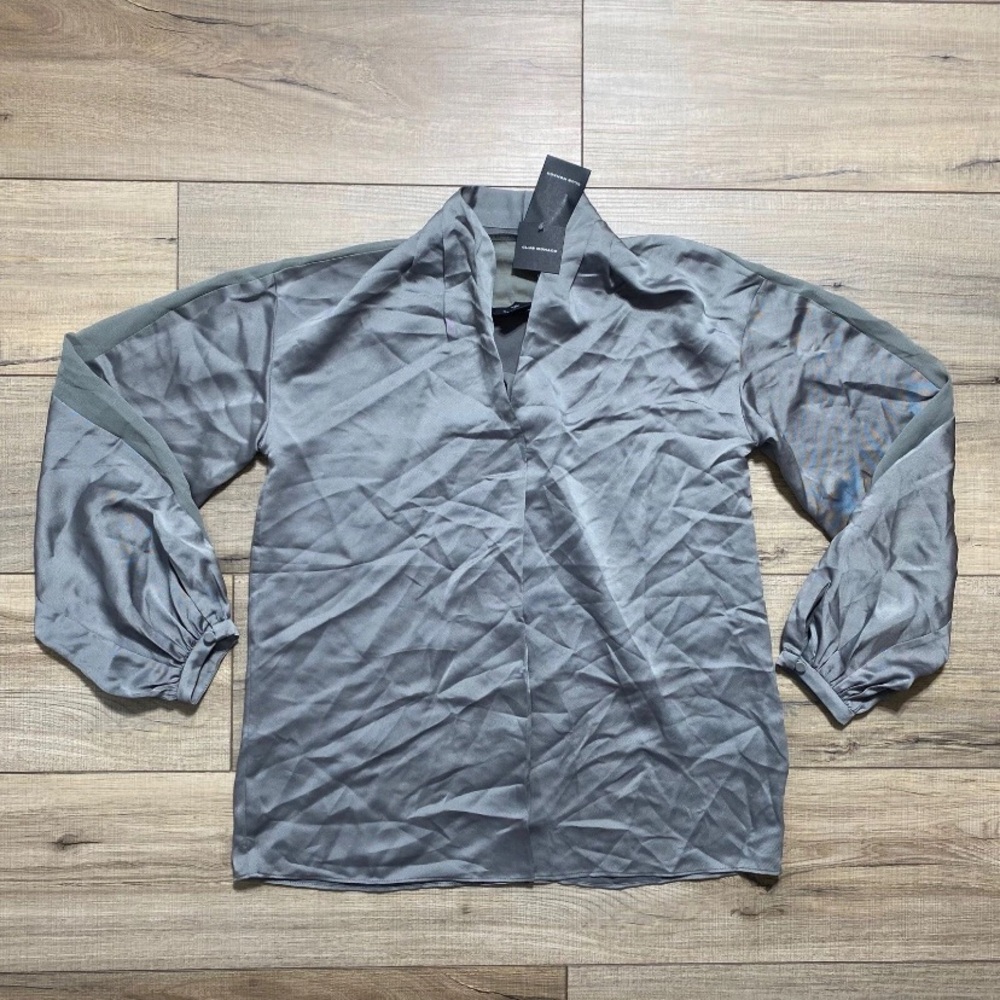 Club Monaco Women's Sheer‎ Combo Blouse Relaxed Fit Blouson Sleeves XS Green